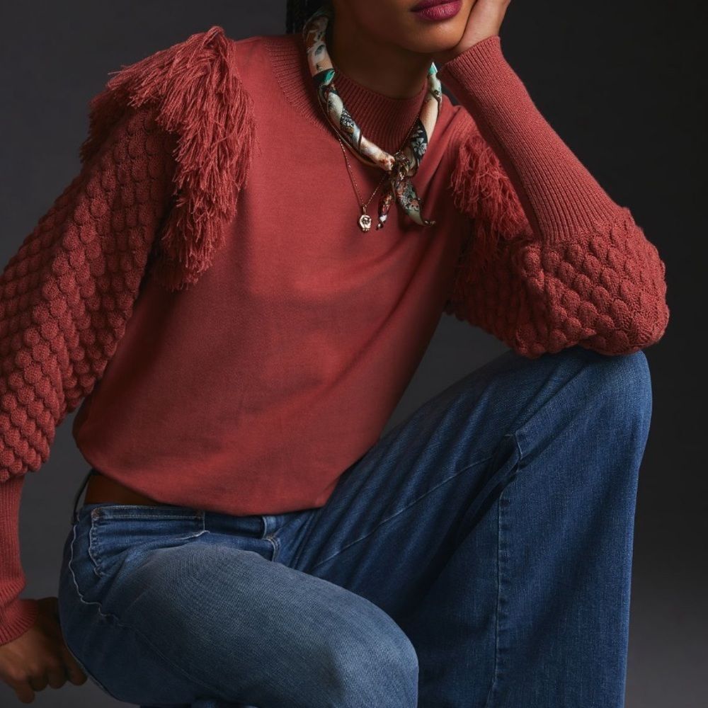 ANTHROPOLOGIE DOLAN Fringed Sweater Cocoa Red Brown Women’s Size Small - Picture 4 of 8